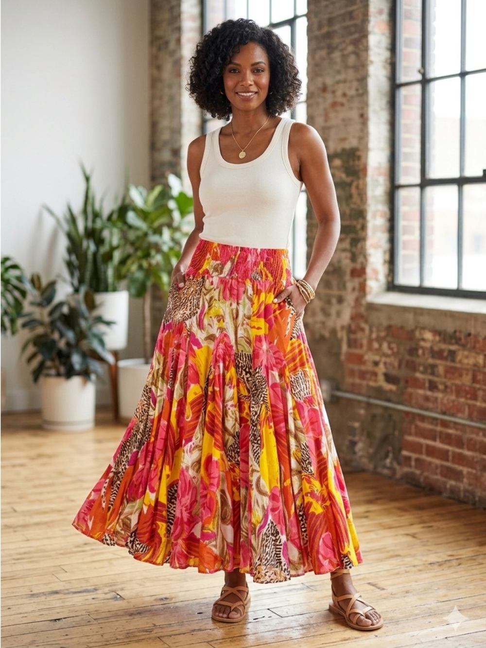 Grace Elements Floral A-Line Maxi Skirt in Pink, Yellow, Orange